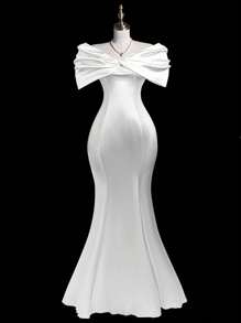 Sweetra 纯色优雅简约 A 字型束腰长裙 - 白色 - 查看 1