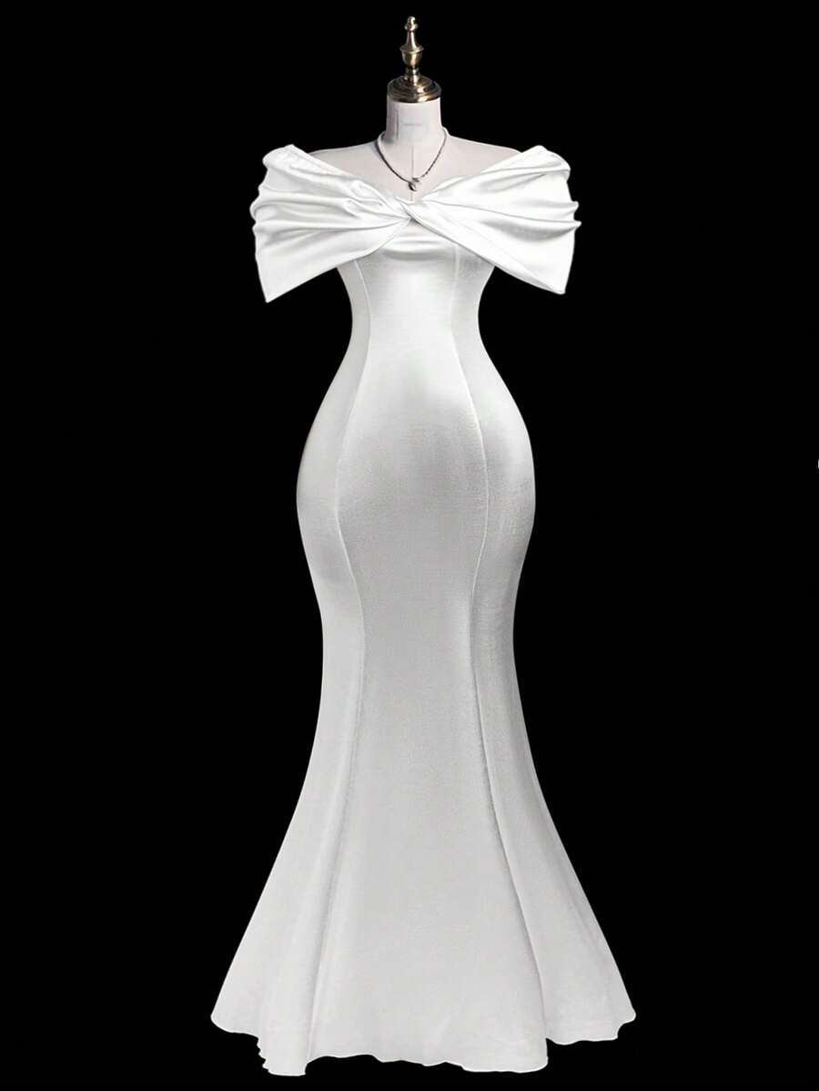 Sweetra 纯色优雅简约 A 字型束腰长裙 - 白色 - 查看 1