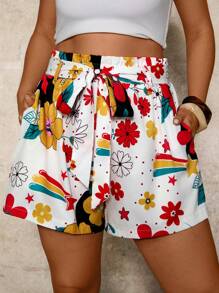 Travachic Plus Size Women's Colorful Floral Print Ruffle Waist Shorts With Belt And Pockets, Summer Vacation - Multicolor - View 1