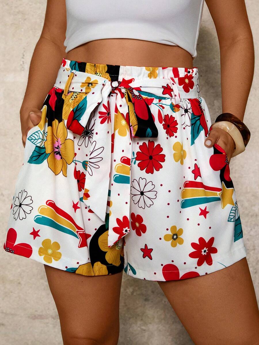 Travachic Plus Size Women's Colorful Floral Print Ruffle Waist Shorts With Belt And Pockets, Summer Vacation - Multicolor - View 1