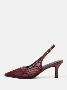 CUCCOO HITCHD 女士刺绣蕾丝尖头猫跟中跟优雅浪漫酒红色网纱蕾丝高跟凉鞋，伴娘礼服鞋，婚礼、派对、万圣节 - 酒紅色 - 查看 7