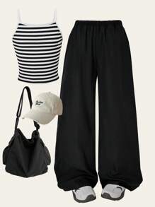 Explorewe 2件套青少年女孩简约条纹背心和休闲宽松裤套装 - 黑色 - 查看 1