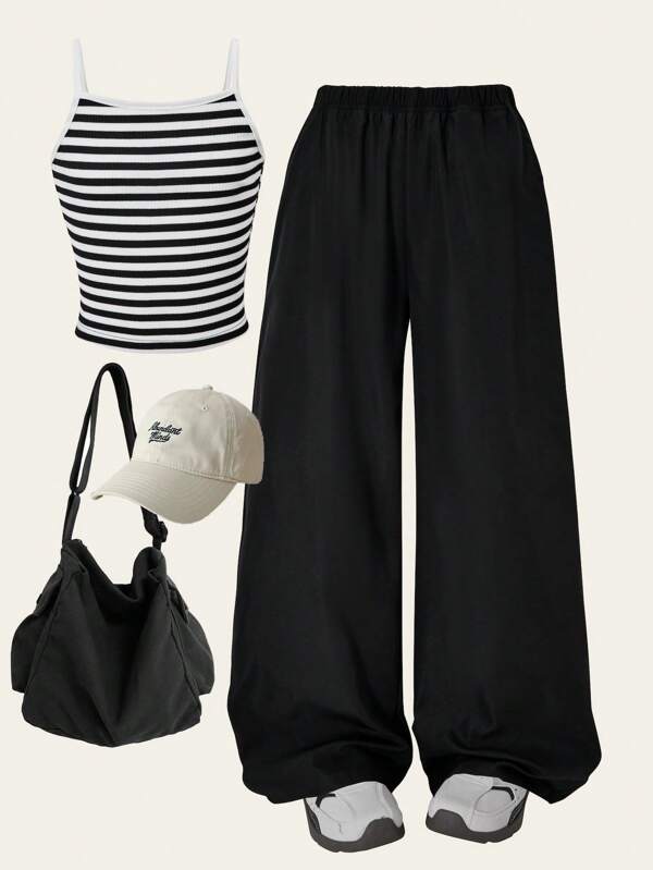 2pcs/Set Tween GirlsMinimalist Striped Tank Top And Casual Loose Pants Outfit