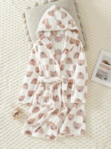 女童白色草莓印花长袖连帽长袍睡衣 - 卡其色 - 查看 1