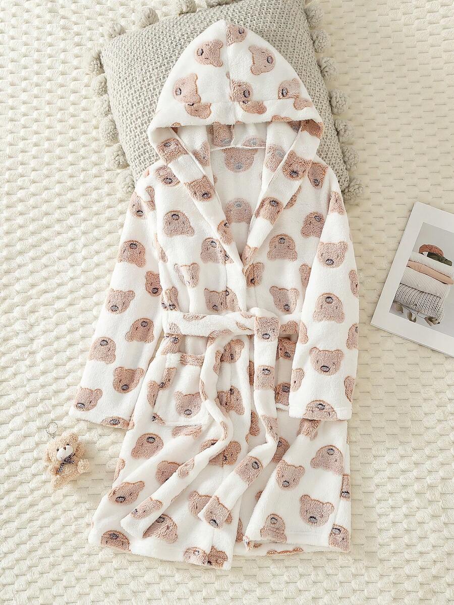 女童白色草莓印花长袖连帽长袍睡衣 - 卡其色 - 查看 1