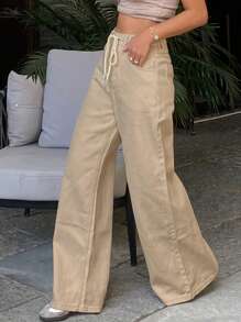 DAZY Quần Jeans Ống Rộng Buộc Dây Màu Trơn Đơn Giản Thoải Mái Cho Nữ - Màu Khaki - Xem 4