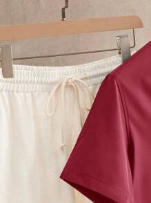 HIMLAND 2pcs/Set Men's Fitted Turndown Collar Short Sleeve Casual Woven Shirt & Pants Set, Old Money - Burgundy - View 3