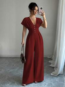 Rafferiza 女式深V领褶饰喇叭腿蝙蝠袖短袖连体裤，优雅