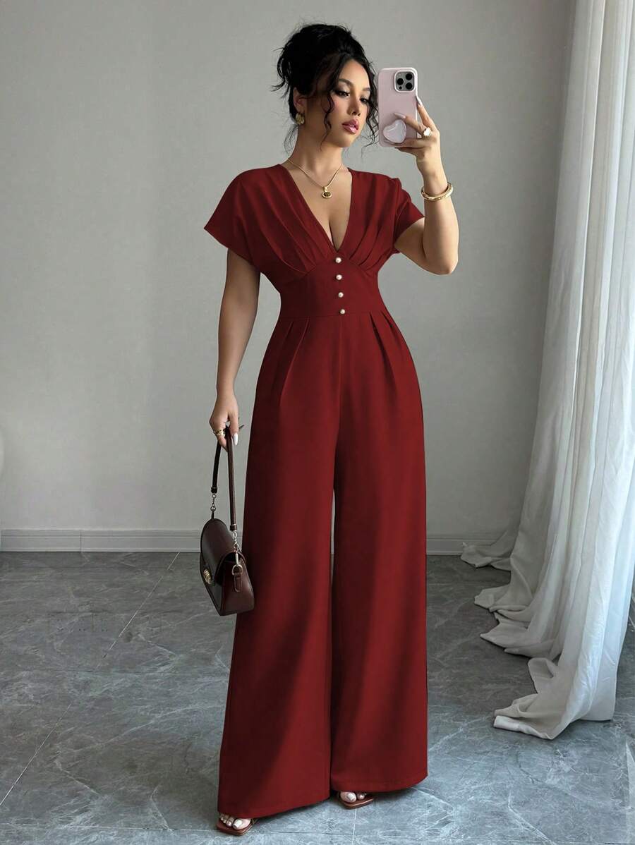 Rafferiza 女式深V领褶饰喇叭腿蝙蝠袖短袖连体裤，优雅