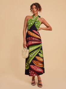 Travachic Summer Casual Dress For Holiday Dates, Beach Dress For Vacation With Cross-Neck Ties, Back Slit With Artistic Seafood Print, Women's Dress For Summer Beach Outings, School Uniform, Very Simple Outfit, Office Attire, Old Money Style Outfit, Teacher Outfit, Date Outfit, Women's Independence Day Dress, Graduation Season, Dress For Attending Wedding Season With Sisters For Afternoon Tea Gatherings On Holidays - Multicolor - View 1