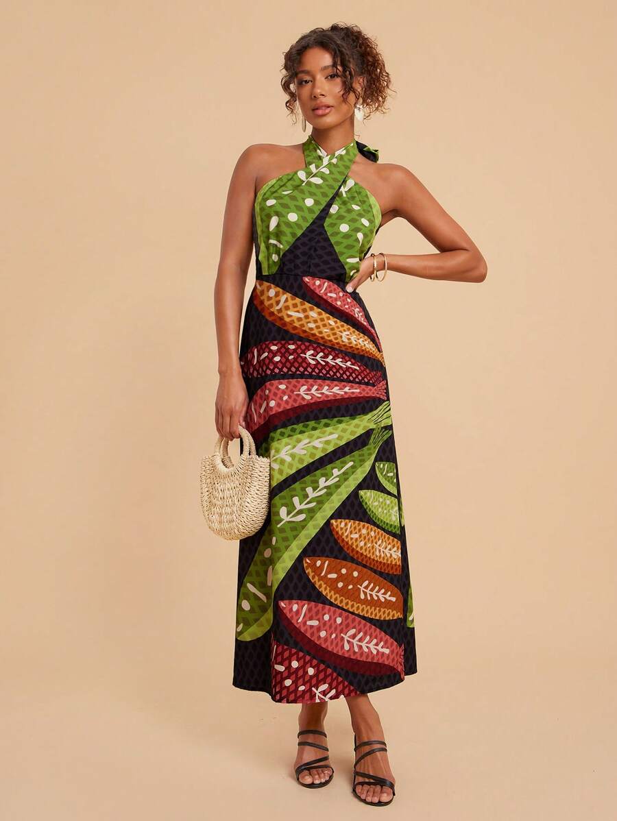 Travachic Summer Casual Dress For Holiday Dates, Beach Dress For Vacation With Cross-Neck Ties, Back Slit With Artistic Seafood Print, Women's Dress For Summer Beach Outings, School Uniform, Very Simple Outfit, Office Attire, Old Money Style Outfit, Teacher Outfit, Date Outfit, Women's Independence Day Dress, Graduation Season, Dress For Attending Wedding Season With Sisters For Afternoon Tea Gatherings On Holidays - Multicolor - View 1