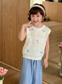 SHEIN 少女甜美日常穿搭蝴蝶结装饰针织圆领可爱图案毛衣上衣 - 白色 - 查看 4