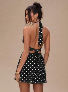 SHEIN BAE Women's Polka Dot Backless Halter Neck Mini Dress,Boho Clothes Women - Black - View 2
