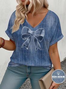 INAWLY 大码夏季休闲蝴蝶印花仿牛仔V领T恤 - 彩色 - 查看 1