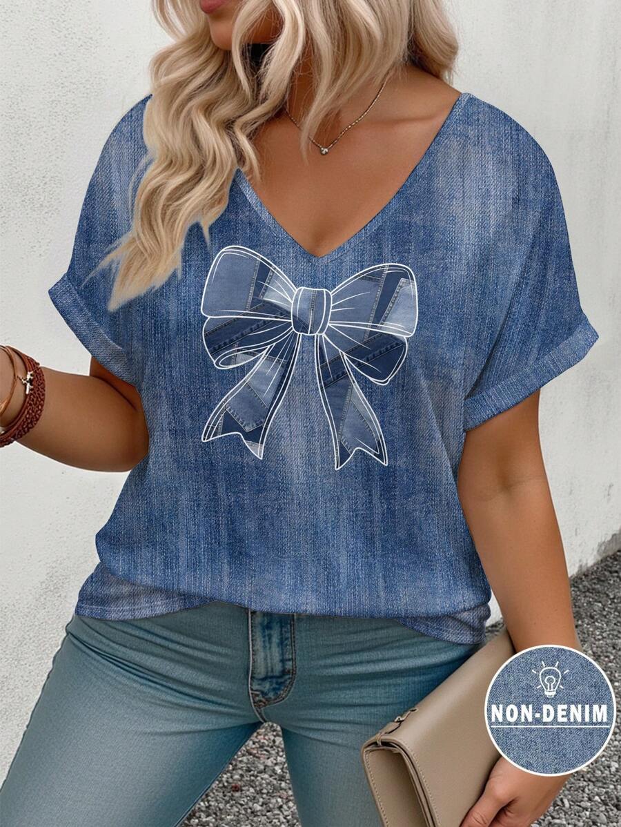 INAWLY 大码夏季休闲蝴蝶印花仿牛仔V领T恤 - 彩色 - 查看 1