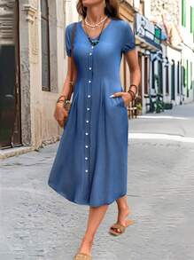 SHEIN LUNE Women's Casual Solid Color Front Button Dress, Summer - Blue - View 1
