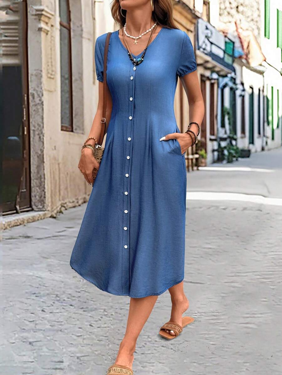 SHEIN LUNE Women's Casual Solid Color Front Button Dress, Summer - Blue - View 1