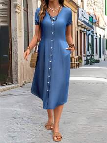 SHEIN LUNE Women's Casual Solid Color Front Button Dress, Summer - Blue - View 3