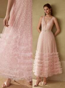 MOTF PREMIUM LACE MESH PANEL LAYERED RUFFLE HEM COCKTAIL DRESS - Baby Pink - View 8