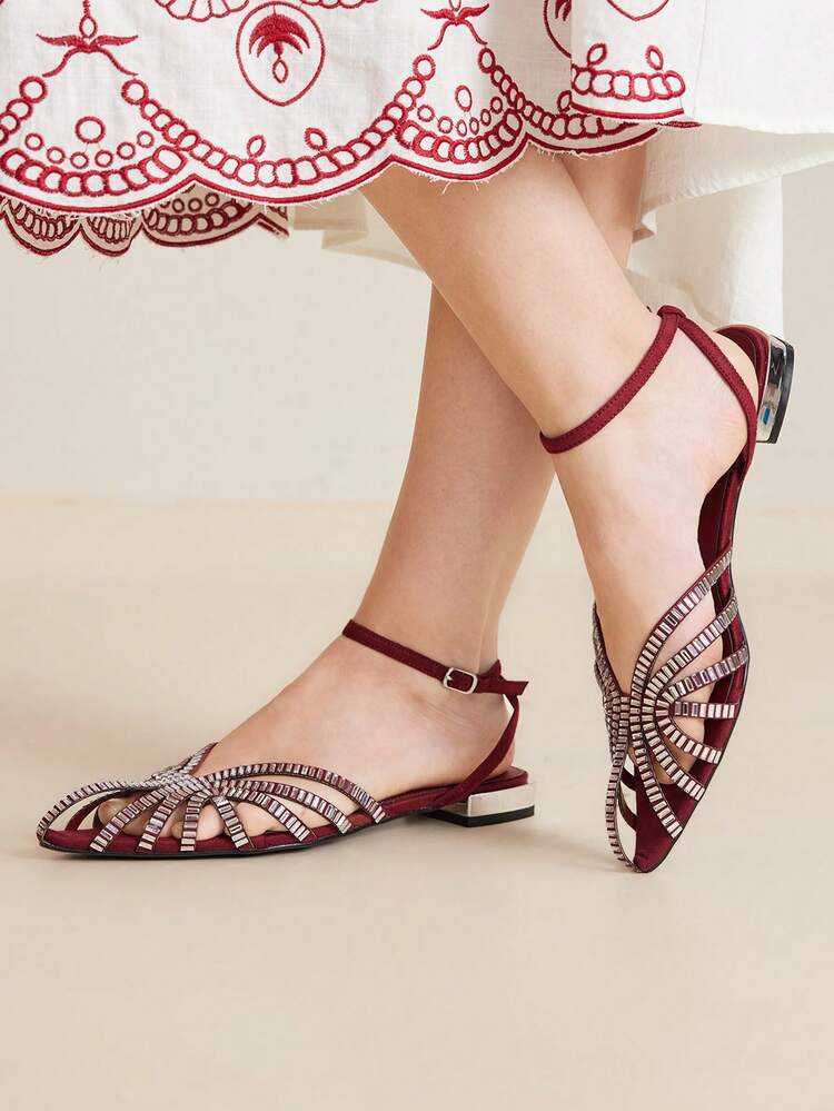 ZAPATOS PLANOS PARA MUJERES CON DISEÑO HUECO Y ADORNOS DE CRISTAL RHINESTONE, CÓMODOS Y DE ESTILO VERANIEGO FASHIONABLE, COLOR VINO TINTO