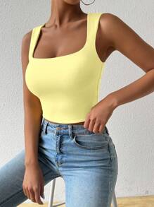 SHEIN Unity Square Neck Sleeveless Tank Top,Summer,Basic Going Out Tank Top,Vacation,Office - Yellow - View 5