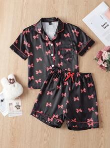 Sweet & Cute Spring Tween Girls Bow Print Pajama Set Top & Shorts
