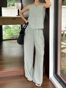 DAZY 女士夏季条纹细肩带裤两件套休闲套装 - 綠色 - 查看 6