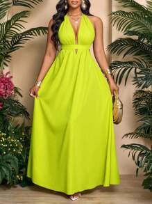 SOLERSUN Women Solid Color Halter V-Neck Vacation Holiday Beach Criss Cross Tie Backless Maxi Dress Vacation Beach Outfits - Green - View 1