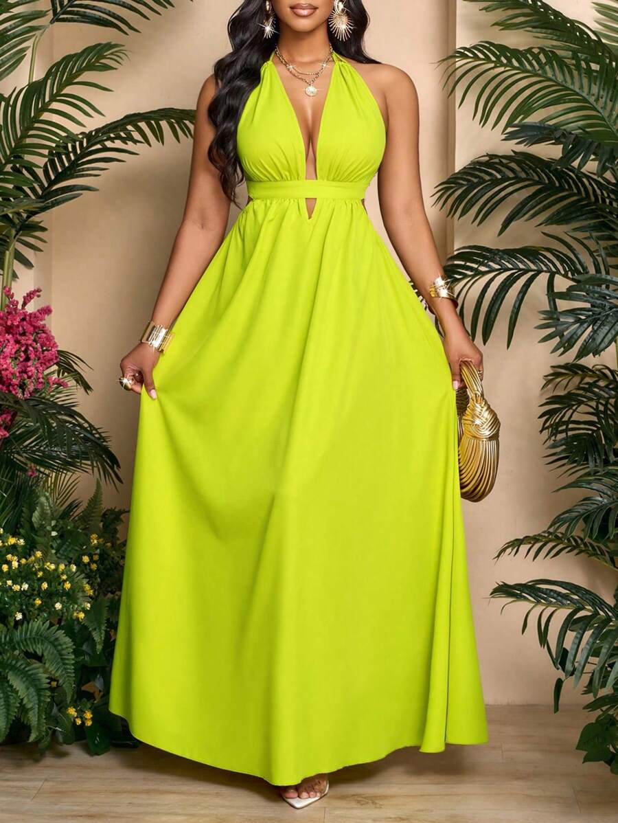 SOLERSUN Women Solid Color Halter V-Neck Vacation Holiday Beach Criss Cross Tie Backless Maxi Dress Vacation Beach Outfits - Green - View 1