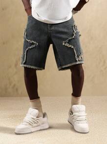 SUMWON شورت جينز قصير بخصر عالي مشوه، بتصميم ممزق بنمط نجمي، بحافة مبهترة، طول الركبة، كاجوال صيفي