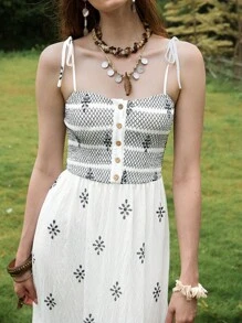Florisole Women's White Boho Midi Dress Sleeveless Spaghetti Strap Summer Dress With Ruffle Hem And Geometric Print - White - View 2