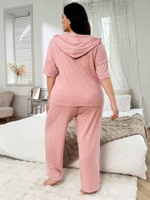 SHEIN 2 peças/Conjunto Cor Sólida Casual Moletom com Capuz de Manga Curta com Cordão, Gola em V e Calça Comprida de Loungewear