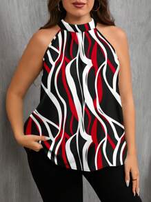EMERY ROSE Kemeja Kasual Ukuran Besar Motif Garis Hitam, Merah & Putih, Cocok untuk Musim Panas, Cocok untuk Bepergian, Blus Chic untuk Wanita - MultiWarna - View 4