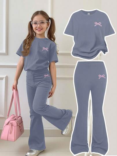 SHEIN 2pcs/Set Young Girl Casual Simple Round Neck Short Sleeve Top And Long Pants Set, Suitable For Summer