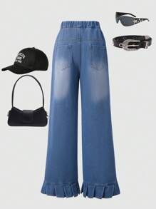 1pc Teen Girl Flare Hem Pocket Design Casual Trousers, Versatile & Cute - Light Wash - View 2