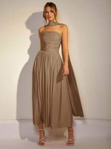 COSMINA Women's Solid Color Splicing Ruffle Trim Elegant Dress - Brown - View 3