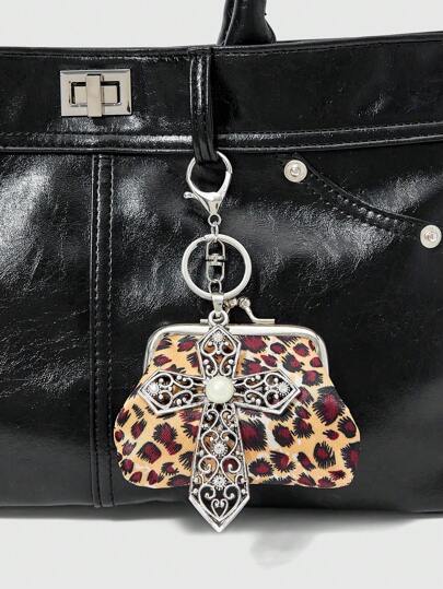 Grunge Punk 1pc Punk Leopard Pattern Pearl Cross Coin Purse & Keychain, Personalized Accessory