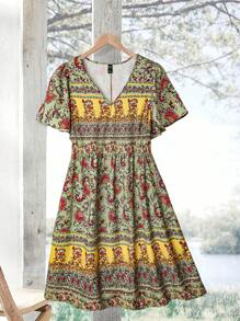 EMERY ROSE Plus Size Boho Beach Women Outfits V-Neck Vintage Printed Ruffle Sleeve Summer Holiday Dress - Olive Green - View 1