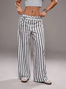 TRNVIE 女士休闲低腰条纹印花宽松阔腿长裤，简约系带腰部休闲夏季