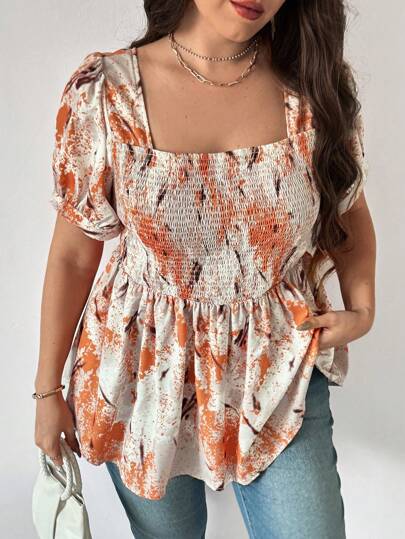 SHEIN Privé Plus Size Allover Print Square Neck Casual Short Sleeve Blouse, Summer Vcay Fall Top