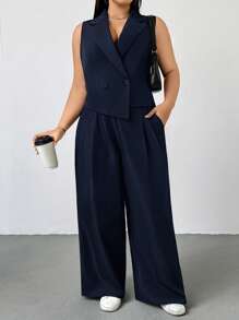 Auralis Plus Size Women's Spring And Summer Fashion Casual Comfortable Basic Daily Black Slim Vest Suit Top And Bare Leg Pants Two Pieces Set, Minimalist Style,Old Money Style,Office Wear,Pants Set,Business Casual Woman,Curve Suit,European Summer,Blazer Set,Teacher Outfits For Women In Fall/Winter - Navy Blue - View 7