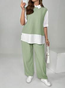 SHEIN Essnce Plus Size Women's Spring And Summer Fashion Casual Loose Comfortable Daily 2 In 1 Short-Sleeved Shirt And Wide-Leg Pants,Two Piece Set Women - Mint Green - View 1