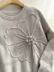 SHEIN EZwear 大码花卉图案休闲宽松圆领长袖毛衣 - 灰色 - 查看 3