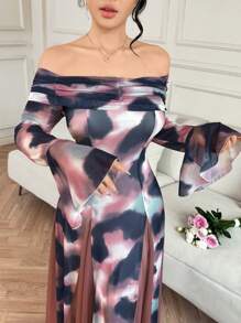 Modelyn Women's Long Off Shoulder Flare Mesh Romantic Tie Dye Design Korean Style Elastic Elegant Flare Sleeve Maxi Dress - Multicolor - View 3