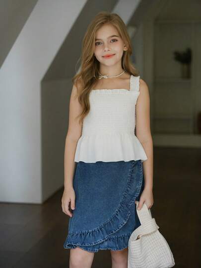 Set de 3 piezas Conjunto a juego de top corto acanalado de rayas negras y blancas para uso diario y versátil entre niñas preadolescentes y sus madres