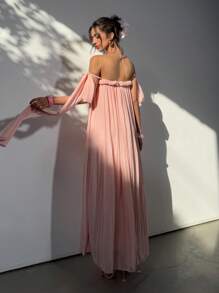 Aloruh Women's Spring & Summer Vacation Bohemian Off Shoulder Flowy Chiffon Pleated Rope Bowknot Sleeveless Loose A-Line Maxi Dress, Pink - Coral Pink - View 7