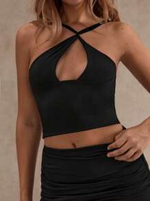 Glamine 2 Pieces Sets Sexy Black Color Asymmetrical Sleeveless Cut Out Tank Top,Women Beach Outfit ,Birthday Tank Top,Women Date Night Outfis,Basic Top,Going Out Top,Vacation Two Pieces Set - Black - View 1