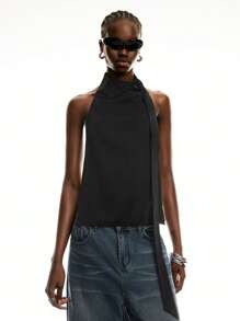 LYSMO 2025 New Arrivals Women's Ruched Halter Neck Satin Blouse With Adjustable Scarf-Tie Design And Open Back, And Avant-Garde, Hot Girl Style - Black - View 10