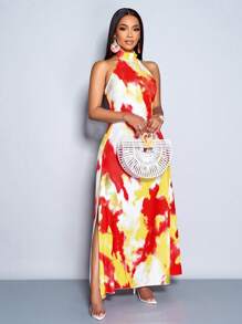SOLERSUN Vestido largo con estampado floral, abertura en la espalda y cintas para atar, elegante para playa, vacaciones y citas en primavera/verano - Rojo - Ver 5