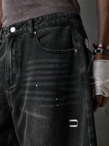 NEON BLANC Men's Street Fashion Woven Long Curved Knife Loose Fit Jeans, Grunge, Couple Things - Black - View 5